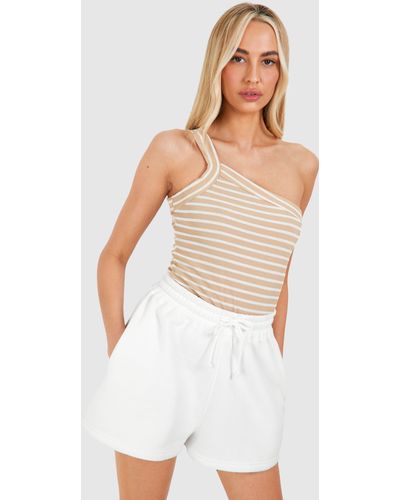 Boohoo Tall Ribbed Striped One Shoulder One Piece - White