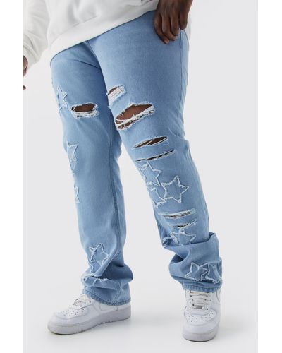 BoohooMAN Plus Slim Rigid Flare Star Applique Jeans - Blue