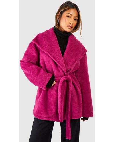 Boohoo Textured Shawl Collar Belted Longline Wool Look Coat - Pink