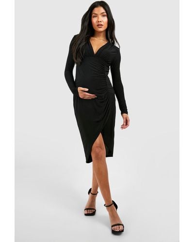 Boohoo Maternity Long Sleeve Slinky V Neck Midaxi Dress - Black