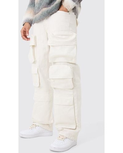 BoohooMAN Baggy Rigid 3d Cargo Pocket Overdyed Jeans In Ecru - White