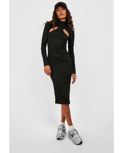 Boohoo Compact Rib Roll Neck Cut Out Midi Dress in White