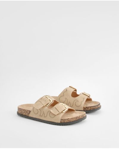 Boohoo Western Stitch Footbed Buckle Sliders - Natural