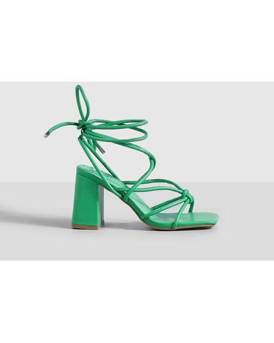 Boohoo Knot Detail Block Heel Wrap Up Heels - Green