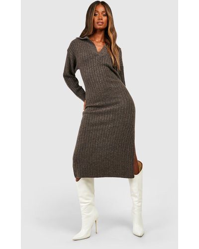 Boohoo Wide Rib Knit Collared Soft Sweater Dress - Brown