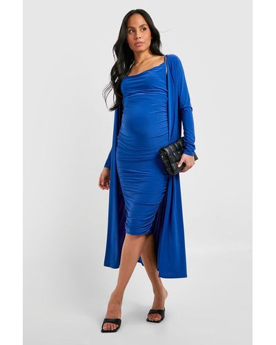 Boohoo Maternity Strappy Cowl Dress And Duster Coat - Blue