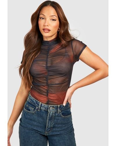 Boohoo Tall Abstract Print High Neck Ruched Front Mesh Top - Multicolour