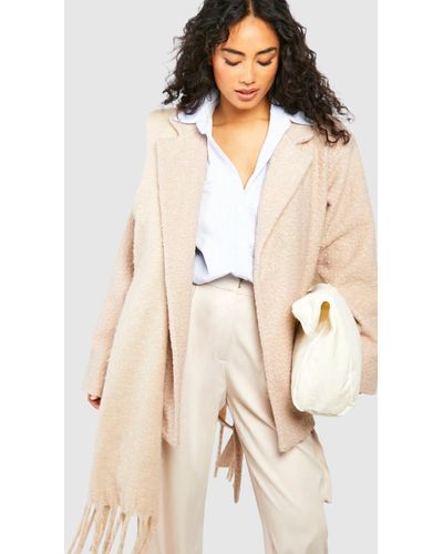 boohoo Belted Short Textured Wool Look Trench Coat - Beige - Size 4