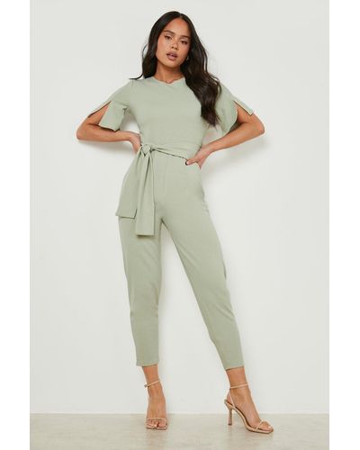 Boohoo Petite Cape Sleeve Belted Tailored Jumpsuit - Green