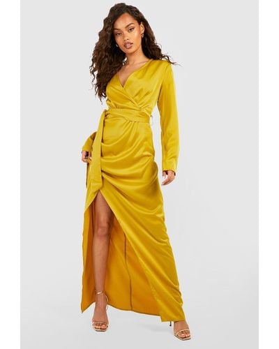 Boohoo Satin Long Sleeve Wrap Front Maxi Dress - Yellow