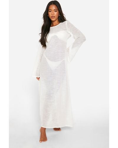 Boohoo Long Sleeve Thigh Split Maxi Beach Dress - White