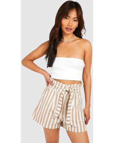 Boohoo Striped Paperbag Waist Shorts - White