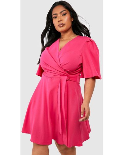 Boohoo Plus Wrap Angel Sleeve Tie Belt Skater Dress - Pink