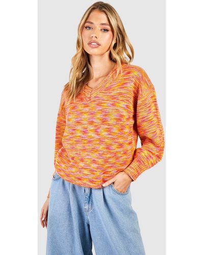 Boohoo Space Dye V Neck Knitted Sweater - Orange