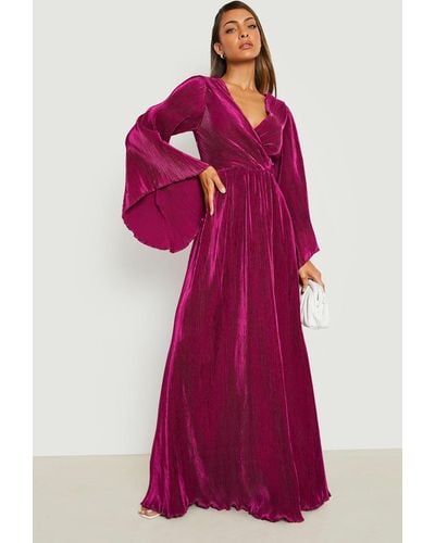 Boohoo Kimono Plisse Maxi Dress - Purple
