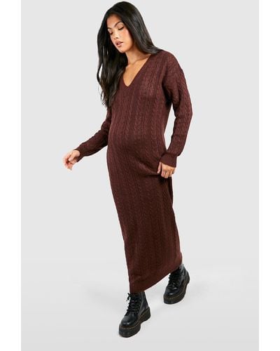 Boohoo Maternity Cable Knit V Neck Midaxi Sweater Dress - Brown