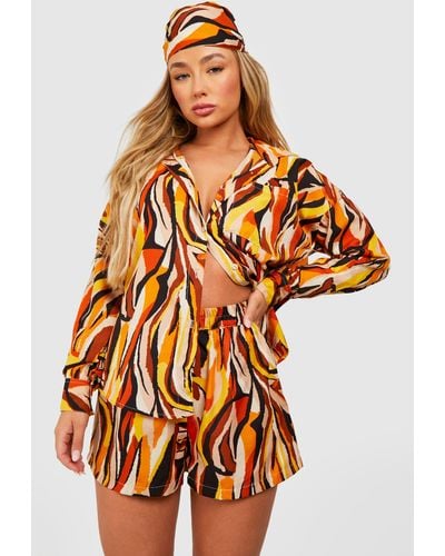Boohoo Abstract Print Relaxed Fit Shirt, Shorts & Headscarf - Orange