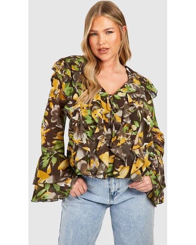 Boohoo Plus Floral Extreme Ruffle Flare Sleeve Blouse - Brown