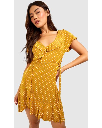 Boohoo Polka Dot Wrap Front Ruffle Tea Dress - Yellow
