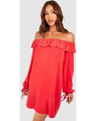 Boohoo Tall Linen Ruffle Off The Shoulder Swing Mini Dress - Red