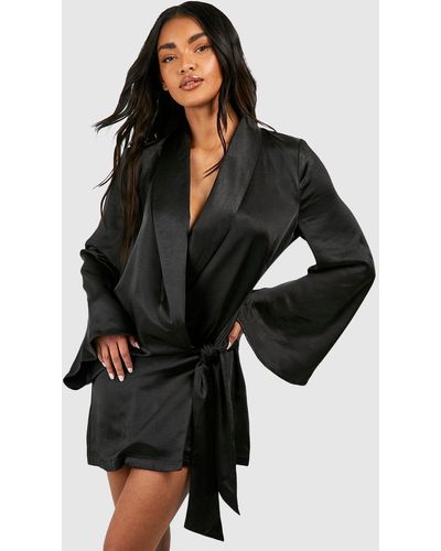 Boohoo Satin Wrap Shirt Dress - Black