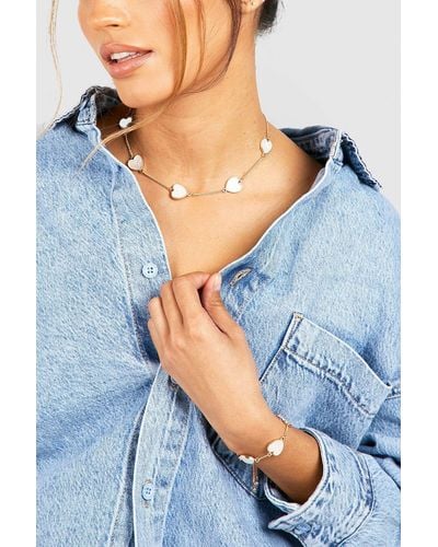 Boohoo Heart Necklace And Toggle Bracelet Set - Blue
