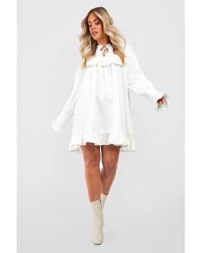 Boohoo Plus Woven Long Sleeve Smock Dress - White