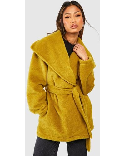 Boohoo Textured Shawl Collar Belted Longline Wool Look Coat - Yellow