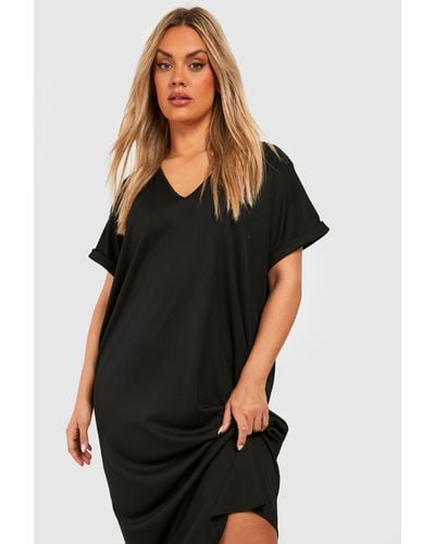 Boohoo Plus Rib V Neck Midaxi T-shirt Dress - Black