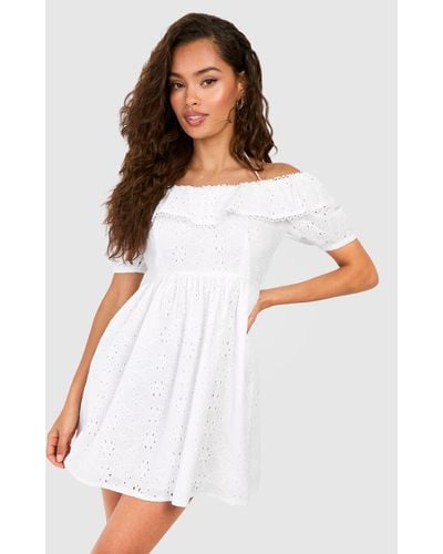 Boohoo Broderie A-line Mini Dress - White