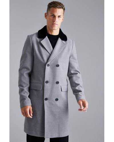 BoohooMAN Tall Double Breasted Faux Fur Overcoat - Gray