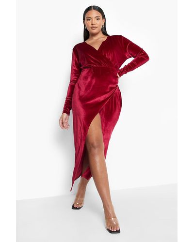 Boohoo Plus Velvet Wrap Midaxi Dress - Red