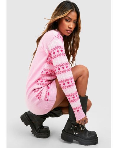 Boohoo Soft Knit Fairisle Christmas Sweater Dress - Pink