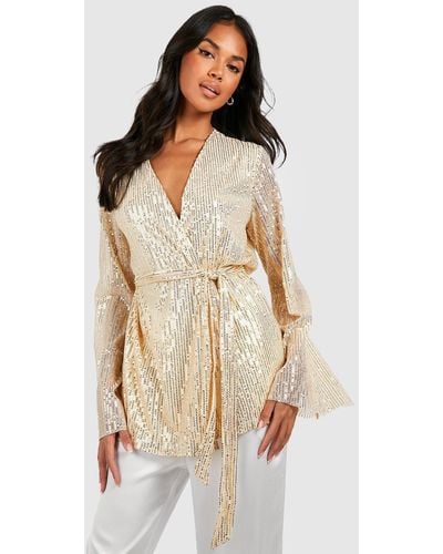 Boohoo Wrap Sequin Flare Sleeve Blouse - Natural