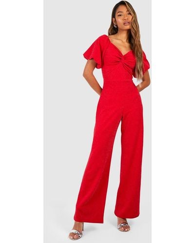 Boohoo Twist Front Puff Sleeve Jumpsuit - Red