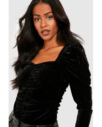Boohoo Tall Ruched Velvet One Piece - Black