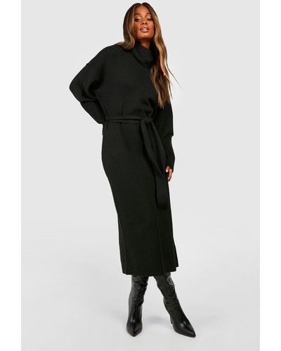 Boohoo Seam Detail Belted Roll Neck Soft Knit Maxi Sweater Dress - Black