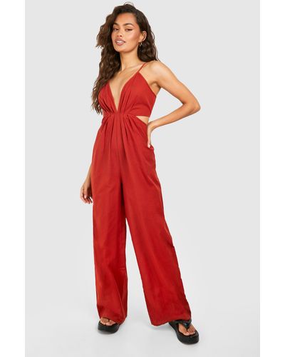 Boohoo Linen Strappy Cut Out Jumpsuit - Red