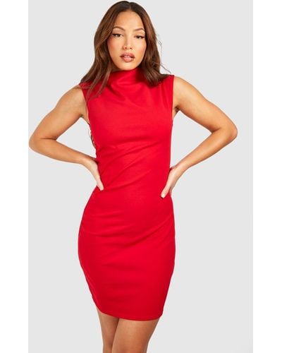 Boohoo Tall Ruched High Neck Shift Mini Dress - Red