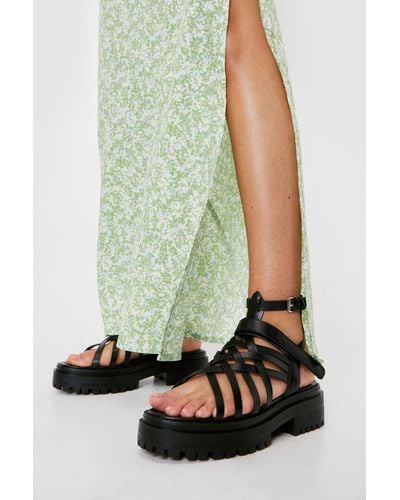 Boohoo Faux Leather Strappy Platform Sandals - Green