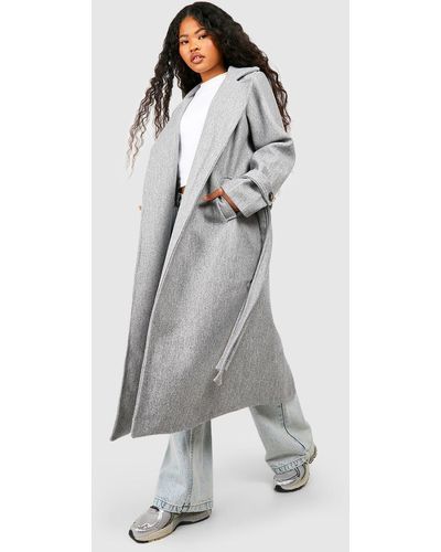 Boohoo Petite Belted Wool Look Trench - Gray