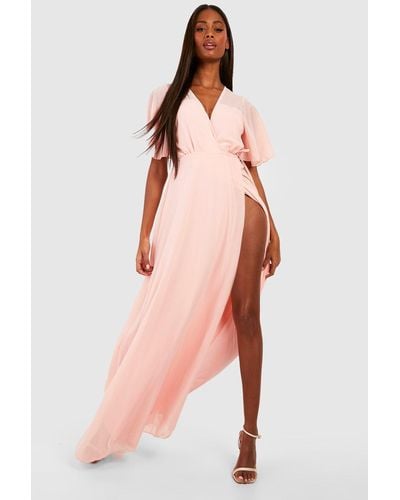 Boohoo Chiffon Angel Sleeve Wrap Maxi Bridesmaid Dress - Pink
