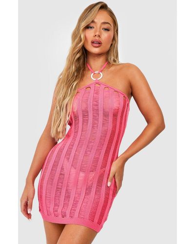 Boohoo Ladder Crochet O-ring Halter Beach Mini Dress - Pink