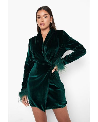 Boohoo Velvet Feather Trim Wrap Blazer Party Dress - Green