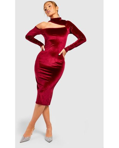 Boohoo Velvet Asymmetric Neck Midi Dress - Red