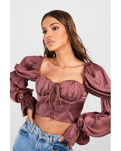 Boohoo Textured Satin Lace Up Detail Puff Sleeve Corset Top