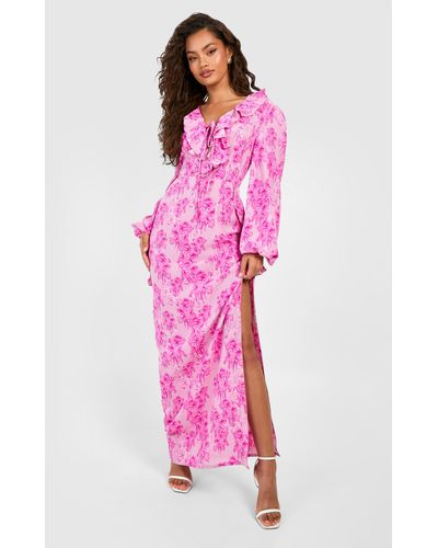 Boohoo Floral Plunge Ruffle Maxi Dress - Pink