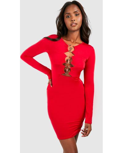 Boohoo Long Sleeve Cut Out Slinky Mini Dress - Red