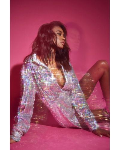 Boohoo Holographic Sequin Drape Shirt Party Dress - Pink