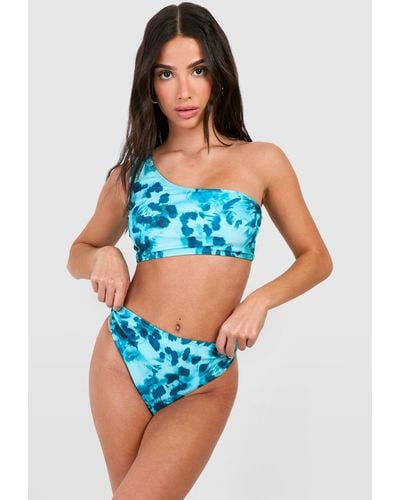 Boohoo Petite Abstract Animal One Shoulder Bikini Set - Blue